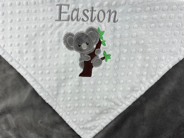 Personalized Koala Blanket in Gray and White Minky with Koala Bear Applique and Embroidered Name