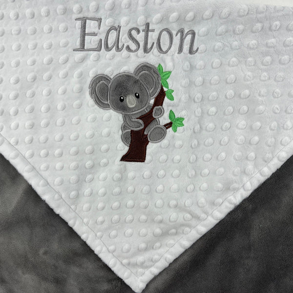 Personalized Koala Blanket in Gray and White Minky with Koala Bear Applique and Embroidered Name