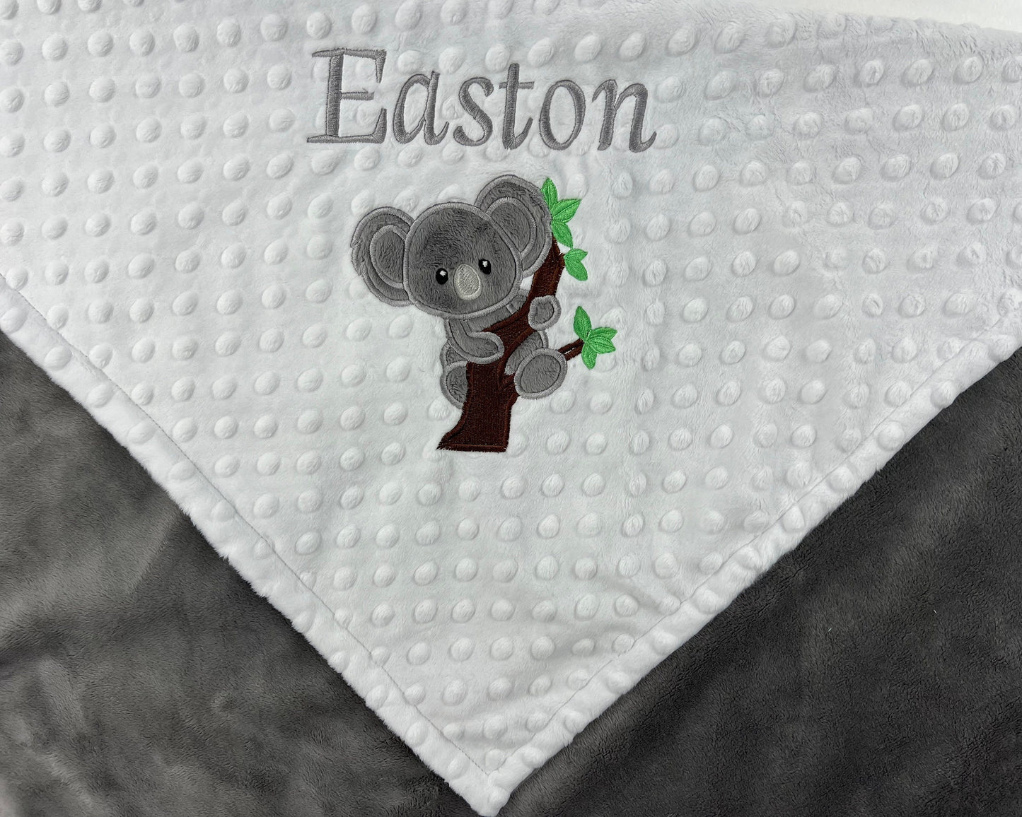 Personalized Koala Blanket in Gray and White Minky with Koala Bear Applique and Embroidered Name