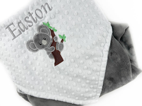 Personalized Koala Blanket in Gray and White Minky with Koala Bear Applique and Embroidered Name