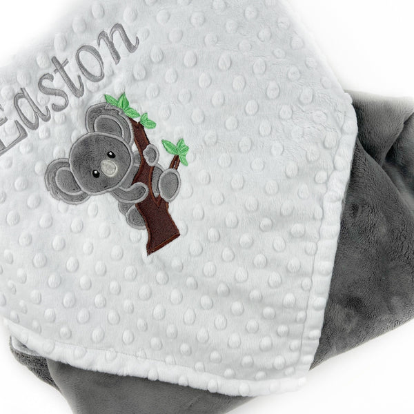 Personalized Koala Blanket in Gray and White Minky with Koala Bear Applique and Embroidered Name