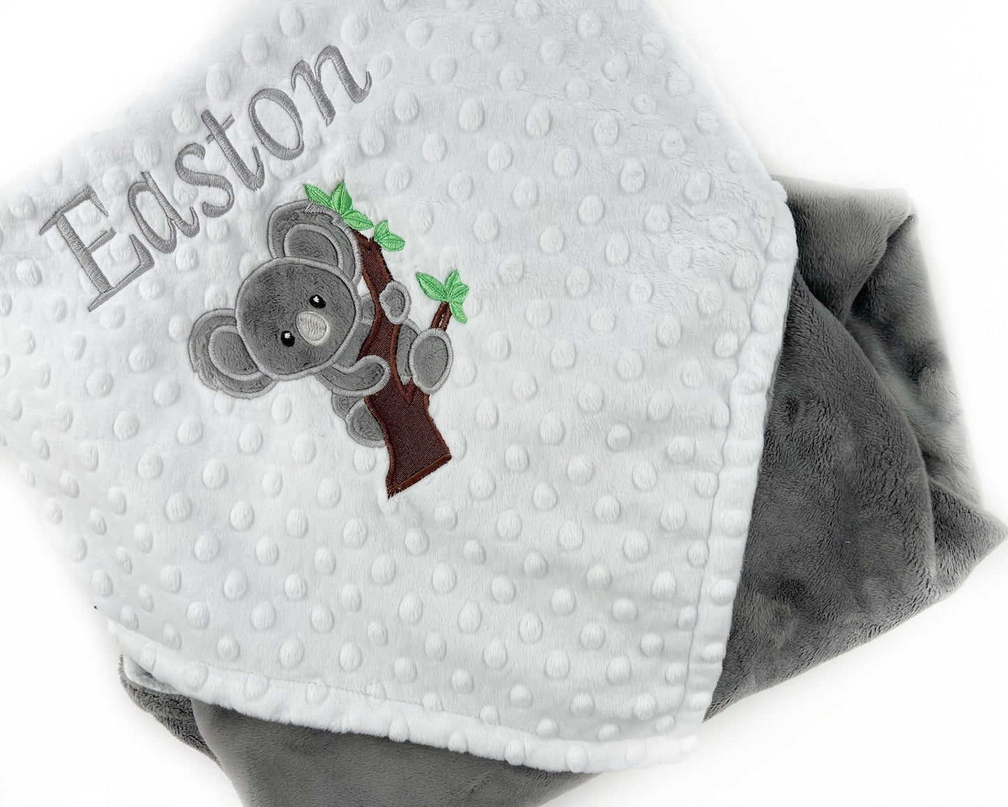 Personalized Koala Blanket in Gray and White Minky with Koala Bear Applique and Embroidered Name