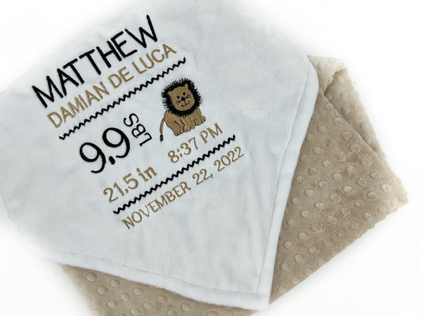 Personalized Baby Blanket in Tan and White Minky, Embroidered Birth Stats with Lion, Keepsake Gift for Baby Boy