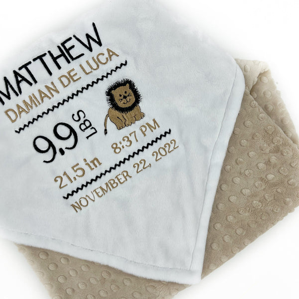 Personalized Baby Blanket in Tan and White Minky, Embroidered Birth Stats with Lion, Keepsake Gift for Baby Boy