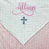 Personalized Cross Baby Blanket – Custom Pink Embroidered Minky Baptism Gift, Religious Gift for Girl