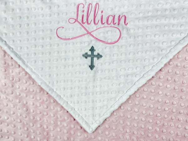 Personalized Cross Baby Blanket – Custom Pink Embroidered Minky Baptism Gift, Religious Gift for Girl