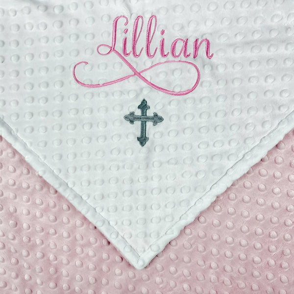 Personalized Cross Baby Blanket – Custom Pink Embroidered Minky Baptism Gift, Religious Gift for Girl