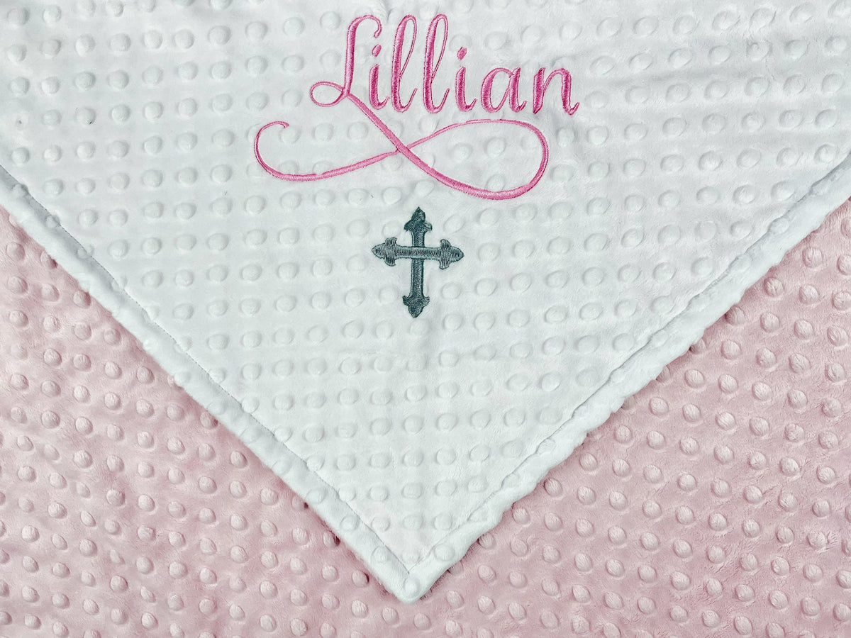 Personalized Cross Baby Blanket – Custom Pink Embroidered Minky Baptism Gift, Religious Gift for Girl