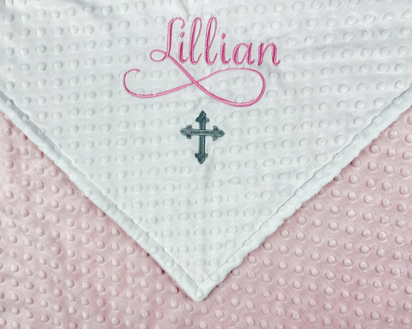 Personalized Cross Baby Blanket – Custom Pink Embroidered Minky Baptism Gift, Religious Gift for Girl