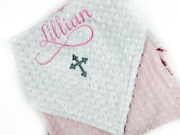 Personalized Cross Baby Blanket – Custom Pink Embroidered Minky Baptism Gift, Religious Gift for Girl