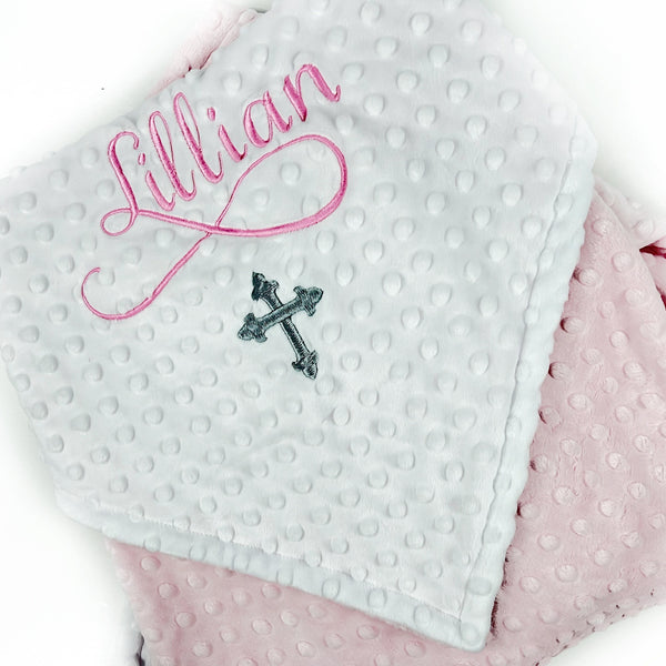 Personalized Cross Baby Blanket – Custom Pink Embroidered Minky Baptism Gift, Religious Gift for Girl