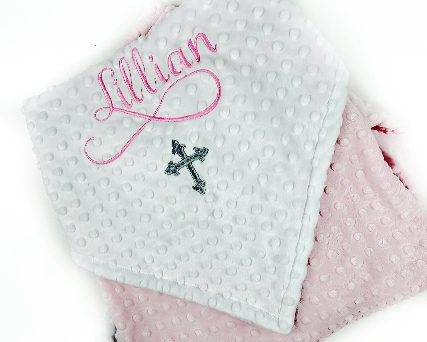 Personalized Cross Baby Blanket – Custom Pink Embroidered Minky Baptism Gift, Religious Gift for Girl