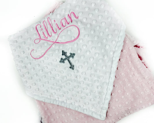 Personalized Cross Baby Blanket – Custom Pink Embroidered Minky Baptism Gift, Religious Gift for Girl