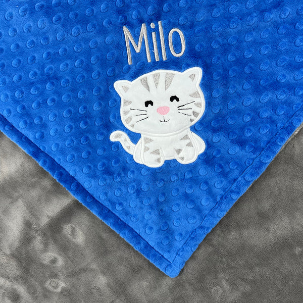 Blue Kitty Blanket, Minky Throw Blanket, Large Blue Throw for Cat Lovers