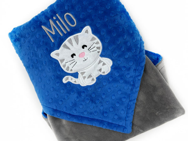Blue Kitty Blanket, Minky Throw Blanket, Large Blue Throw for Cat Lovers