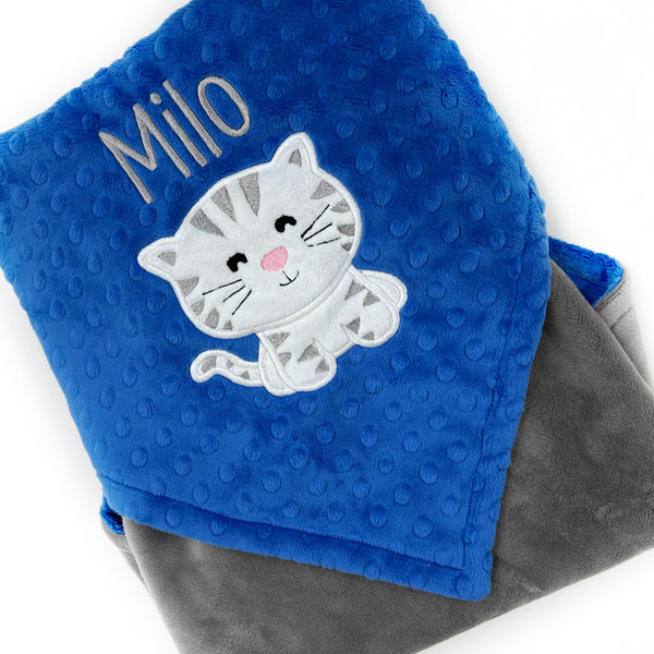 Blue Kitty Blanket, Minky Throw Blanket, Large Blue Throw for Cat Lovers