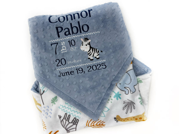 Personalized Baby Blanket, Denim Blue Minky, Safari Animals Nursery,  Birth Stats and Zebra