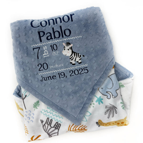 Personalized Baby Blanket, Denim Blue Minky, Safari Animals Nursery,  Birth Stats and Zebra
