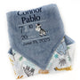 Personalized Baby Blanket in Denim Blue and Jungle Animals Minky, Embroidered Birth Stats with Zebra, Baby Boy Gift