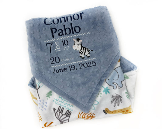 Personalized Baby Blanket in Denim Blue and Jungle Animals Minky, Embroidered Birth Stats with Zebra, Baby Boy Gift
