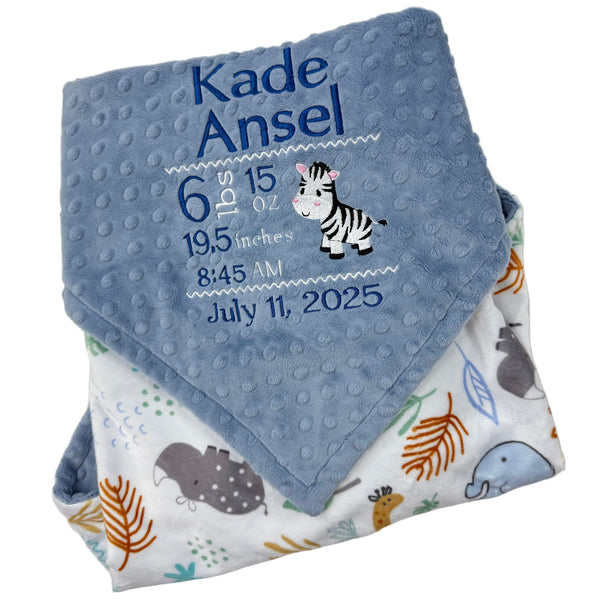 Personalized Baby Blanket in Denim Blue and Jungle Animals Minky, Embroidered Birth Stats with Zebra, Baby Boy Gift