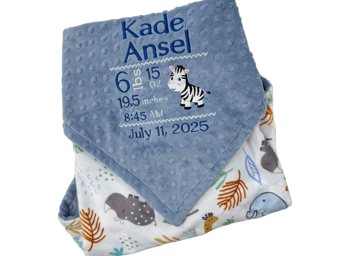 Personalized Baby Blanket in Denim Blue and Jungle Animals Minky, Embroidered Birth Stats with Zebra, Baby Boy Gift