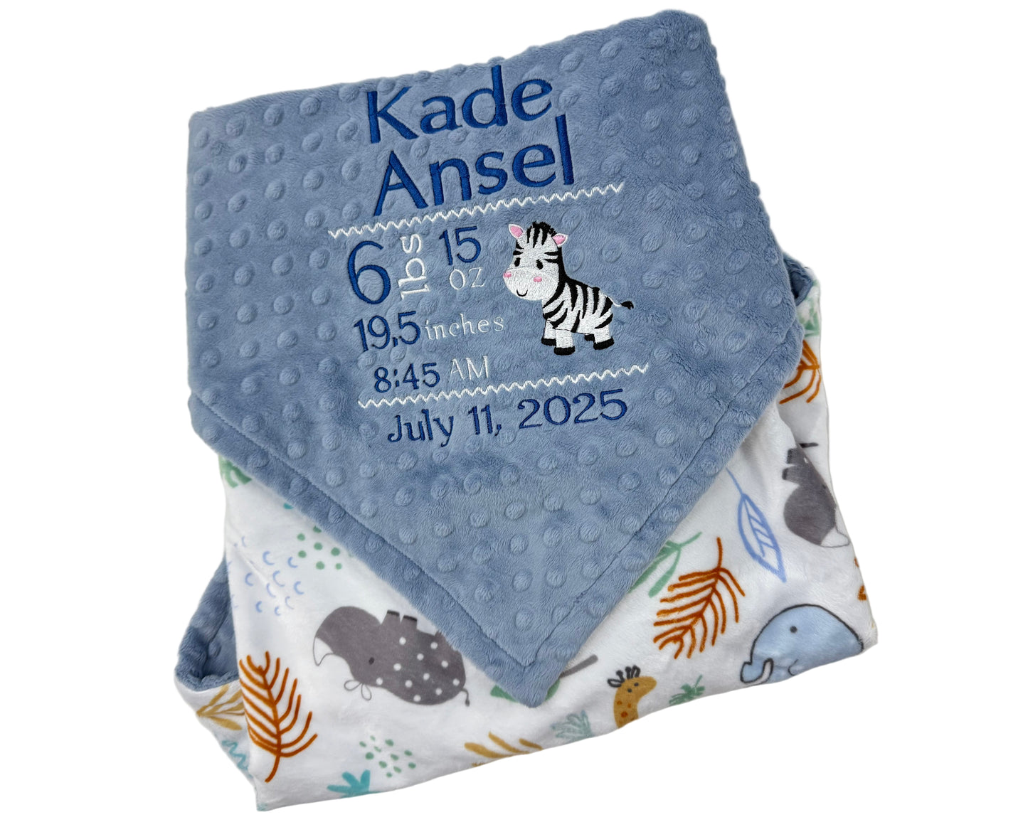 Personalized Baby Blanket in Denim Blue and Jungle Animals Minky, Embroidered Birth Stats with Zebra, Baby Boy Gift
