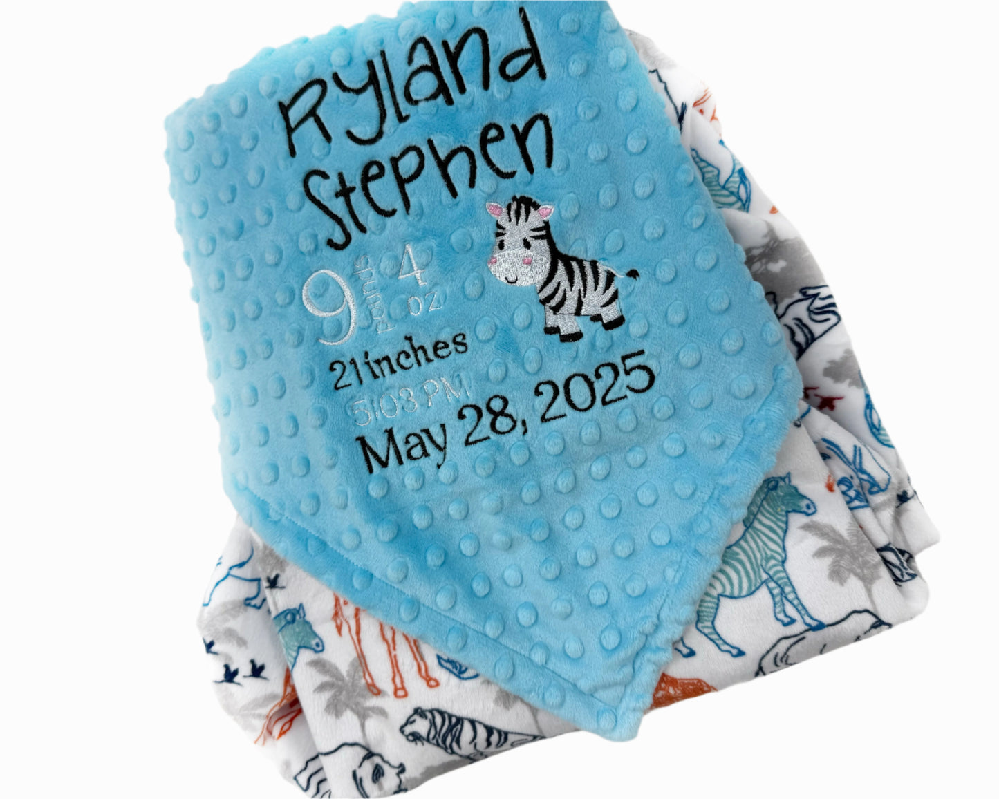 Personalized Baby Blanket, Turquoise Blue Minky, Jungle Animals Nursery,  Birth Stats and Zebra