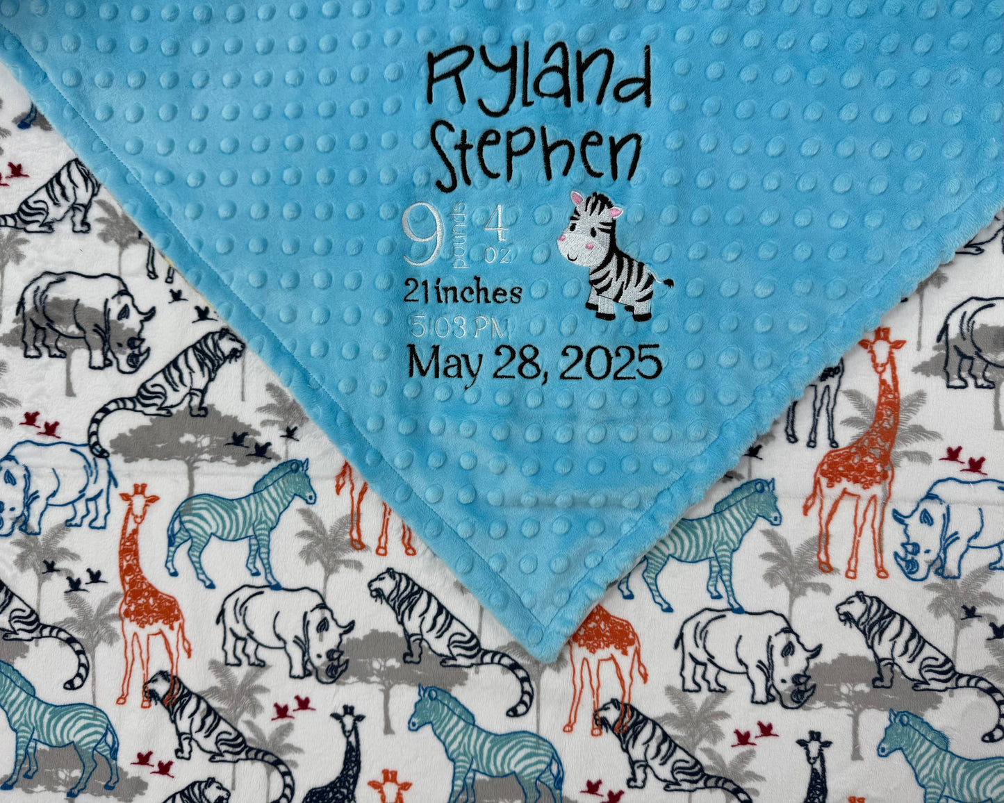 Personalized Baby Blanket, Turquoise Blue Minky, Jungle Animals Nursery,  Birth Stats and Zebra
